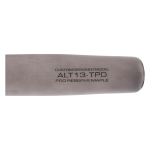 Close-up of a light gray baseball bat with CUSTOM DESIGNED MODEL ALT13-TPD PRO RESERVE MAPLE branding and wood grain.