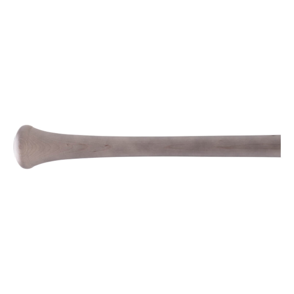 Side view of a natural maple wood baseball bat with a flared knob and smooth, tapering handle.