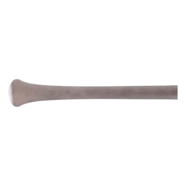 Side view of a natural maple wood baseball bat with a flared knob and smooth, tapering handle.