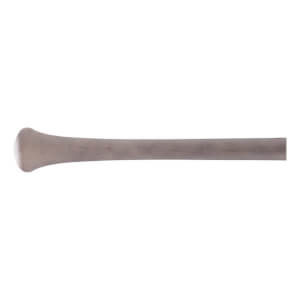 Side view of a natural maple wood baseball bat with a flared knob and smooth, tapering handle.