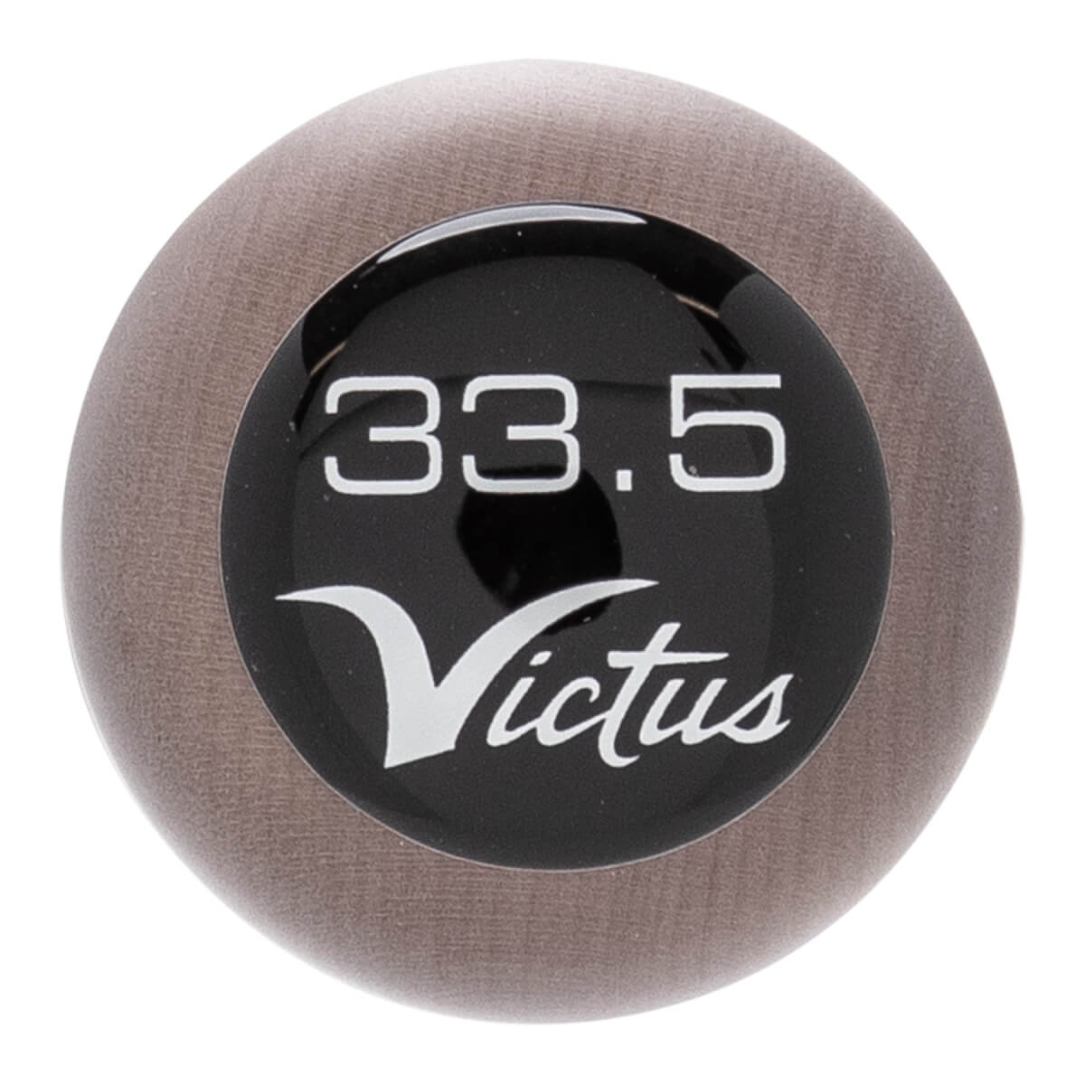 Top-down close-up of a natural wood baseball bat knob with a black circular insert displaying 33.5 and Victus in white.