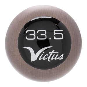 Top-down close-up of a natural wood baseball bat knob with a black circular insert displaying 33.5 and Victus in white.