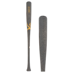 Side view of a dark grey speckled baseball bat with yellow Victus and BWITT JR branding, and a close-up of its textured barrel.