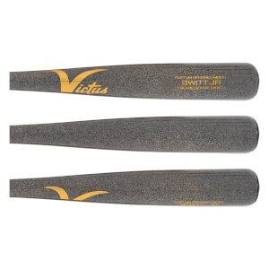 Side view of a dark gray baseball bat with a yellow Victus logo and BWITT JR PRO RESERVE BIRCH text.