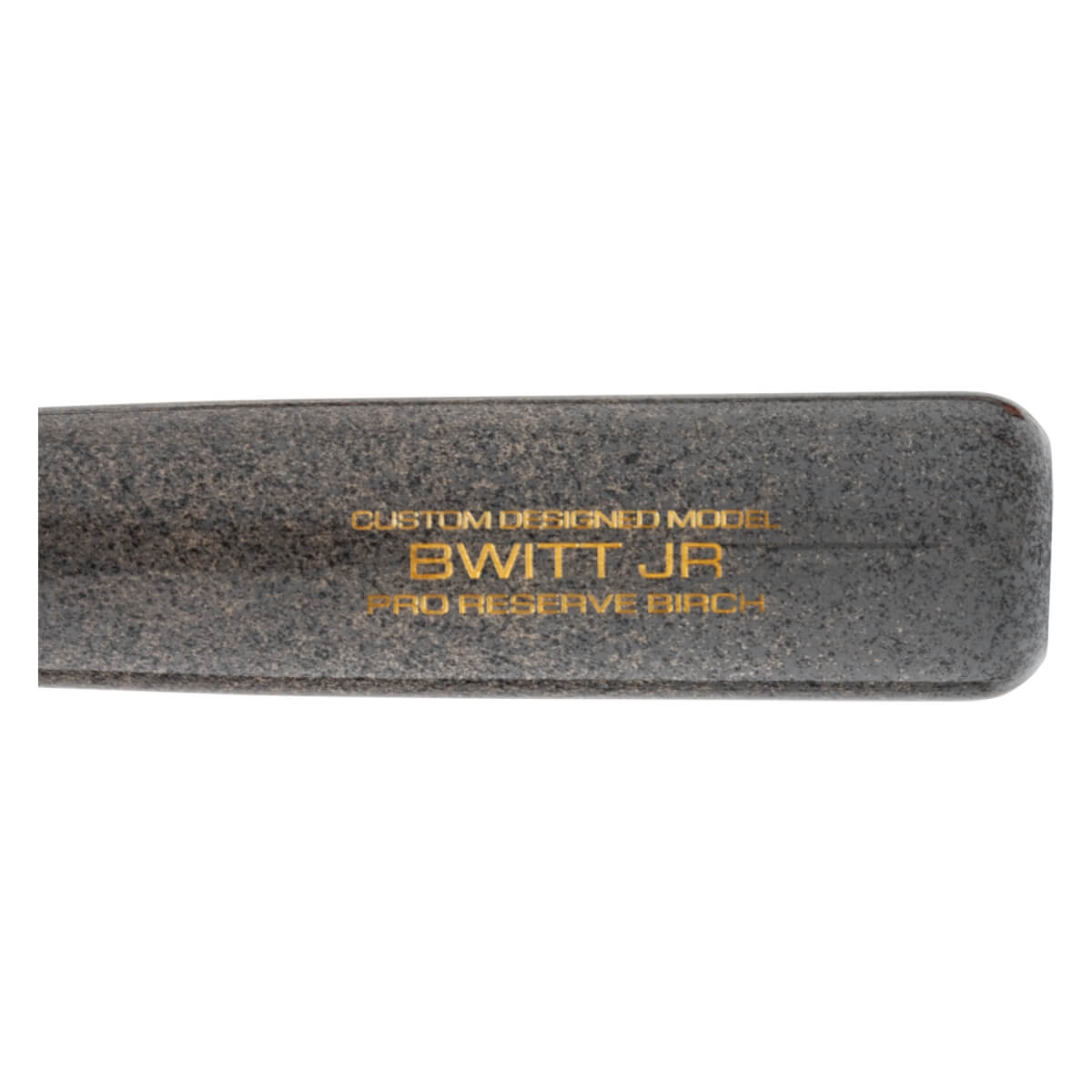 Close-up of a dark grey baseball bat barrel with gold BWITT JR lettering and wood grain.