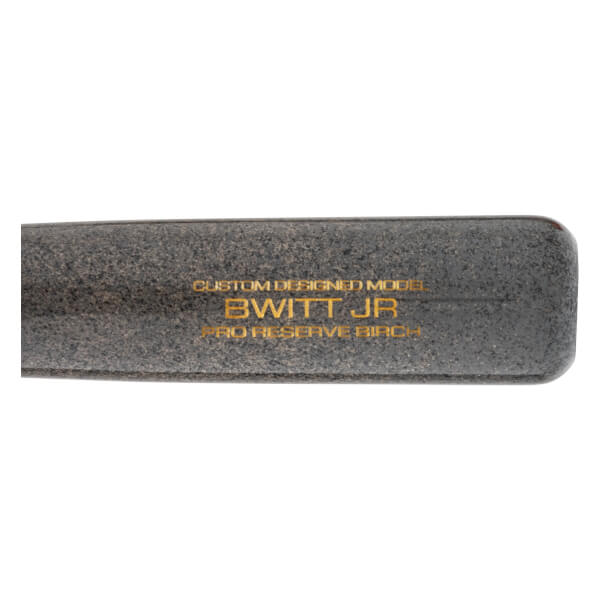 Close-up of a dark grey baseball bat barrel with gold BWITT JR lettering and wood grain.