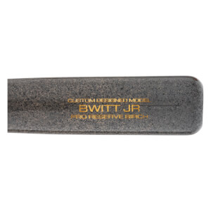 Close-up of a dark grey baseball bat barrel with gold BWITT JR lettering and wood grain.