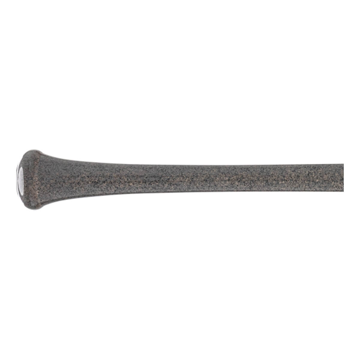 Side view of a dark gray baseball bat with a textured finish, visible knob, and white end cap.