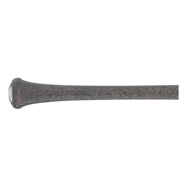 Side view of a dark gray baseball bat with a textured finish, visible knob, and white end cap.