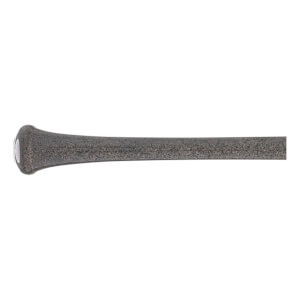 Side view of a dark gray baseball bat with a textured finish, visible knob, and white end cap.