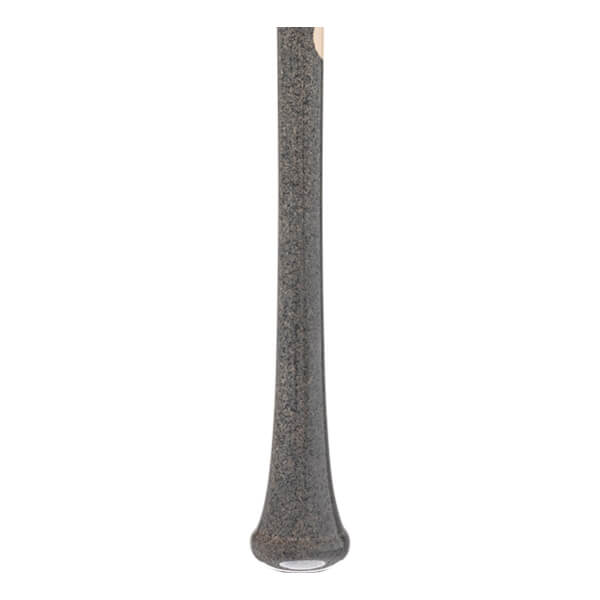 Full view of a speckled dark grey baseball bat with a tapered handle and clear knob.
