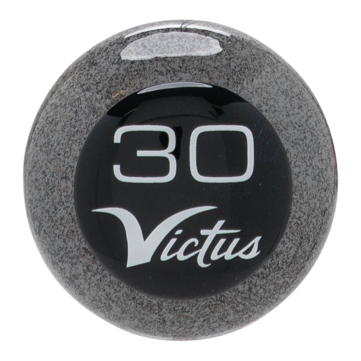 Close-up of a speckled gray baseball bat end cap with a glossy black circle featuring white 30 and Victus text.