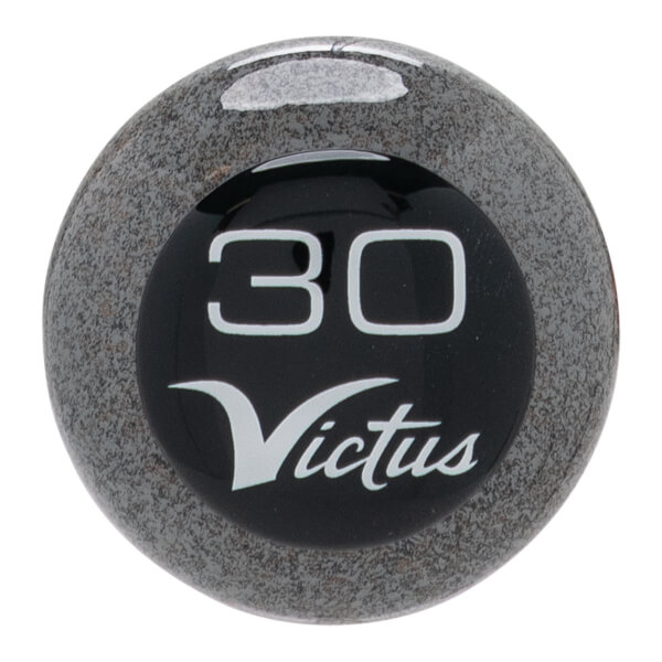 Close-up of a speckled gray baseball bat end cap with a glossy black circle featuring white 30 and Victus text.