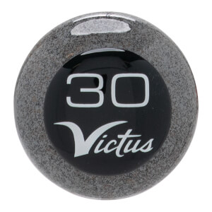 Close-up of a speckled gray baseball bat end cap with a glossy black circle featuring white 30 and Victus text.