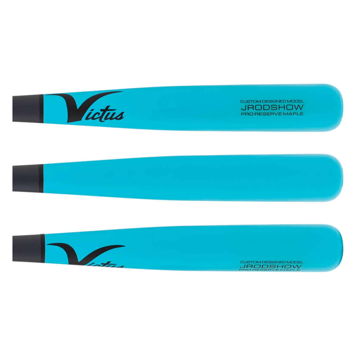 Three side views of a cyan baseball bat with black Victus logo and JRODSHOW PRO RESERVE MAPLE text.