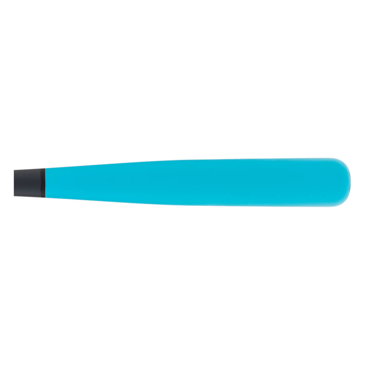 Side view of a bright blue baseball bat with a black knob and a smooth, tapered design.