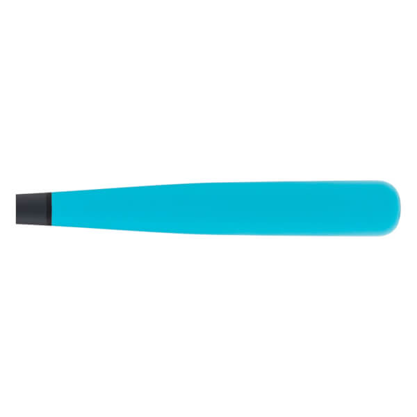 Side view of a bright blue baseball bat with a black knob and a smooth, tapered design.
