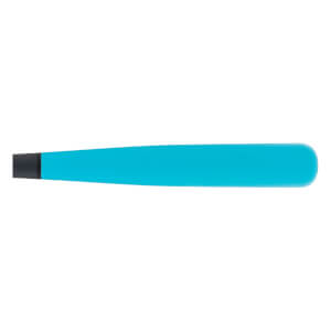 Side view of a bright blue baseball bat with a black knob and a smooth, tapered design.