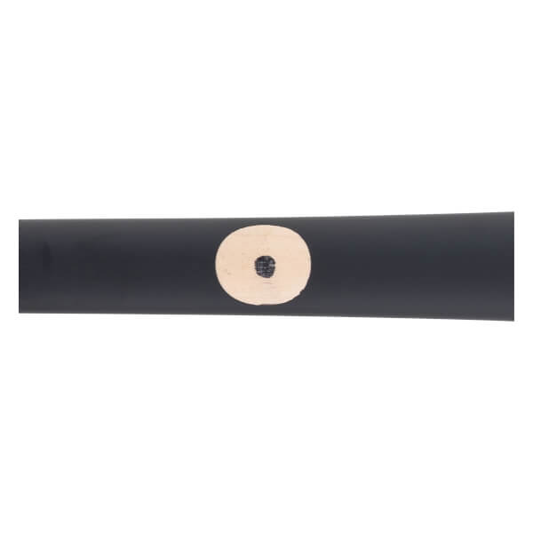 Close-up of a black maple wood baseball bat with a light circular ink dot.