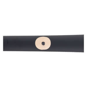Close-up of a black maple wood baseball bat with a light circular ink dot.