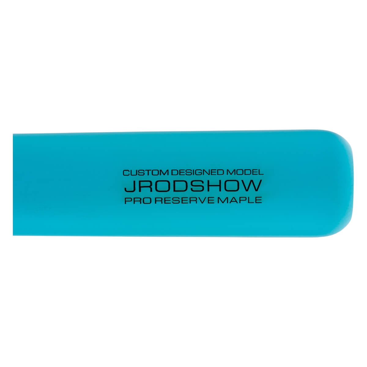 Close-up of a blue baseball bat with JRODSHOW and PRO RESERVE MAPLE text, and a rounded end.