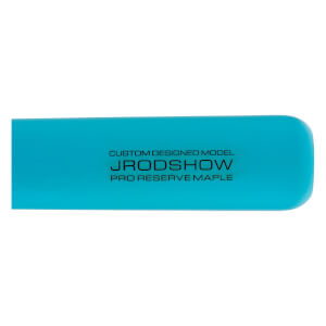 Close-up of a blue baseball bat with JRODSHOW and PRO RESERVE MAPLE text, and a rounded end.