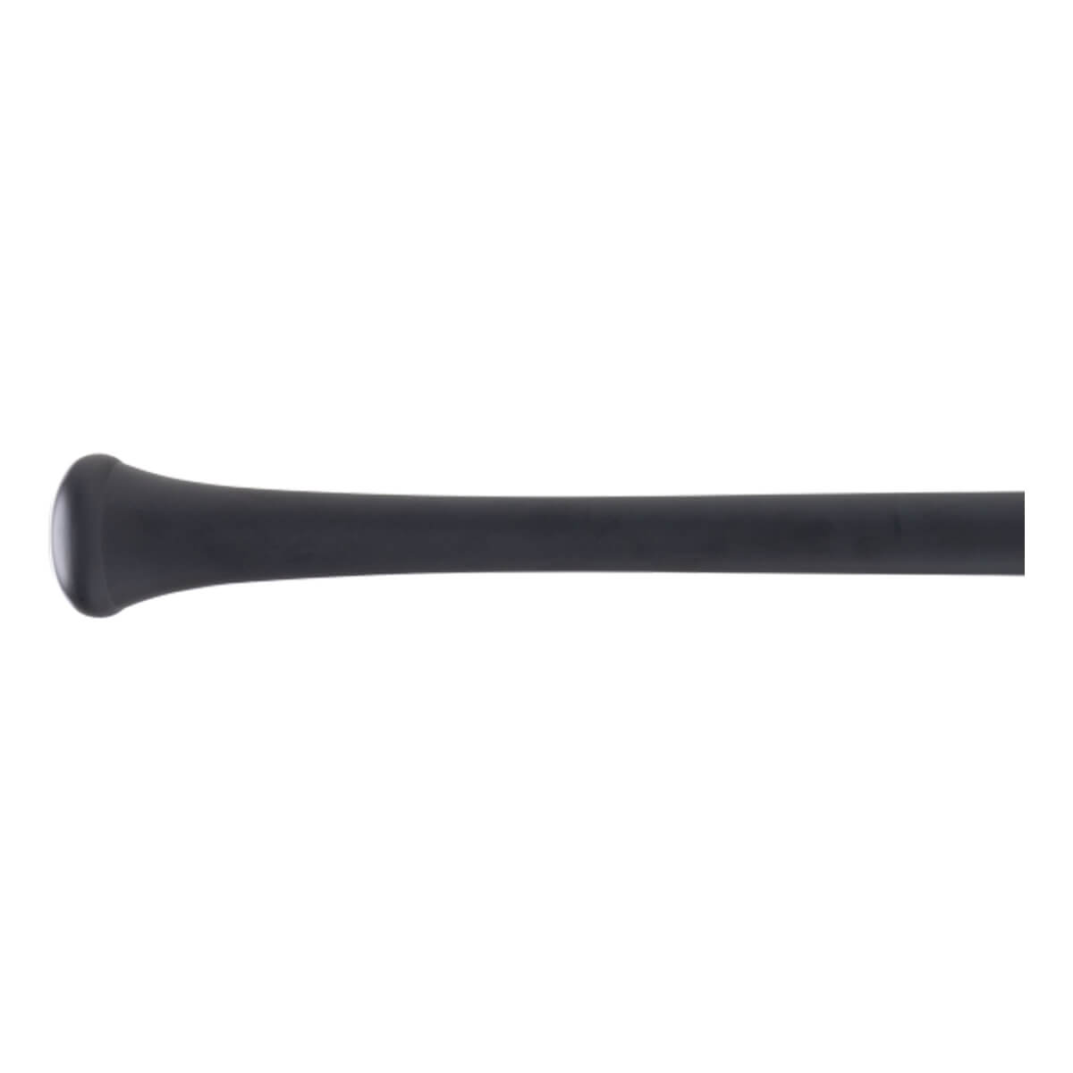Side view of a black baseball bats handle with a prominent knob and smooth finish.
