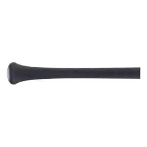 Side view of a black baseball bats handle with a prominent knob and smooth finish.