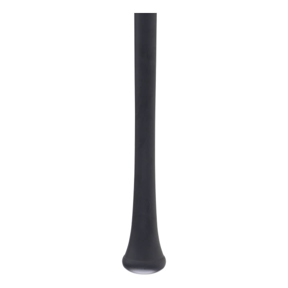 Close-up of a dark grey baseball bats handle, tapering to a flared knob with a light-colored base.