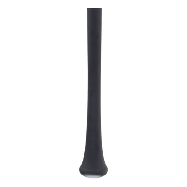 Close-up of a dark grey baseball bats handle, tapering to a flared knob with a light-colored base.