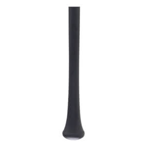 Close-up of a dark grey baseball bats handle, tapering to a flared knob with a light-colored base.