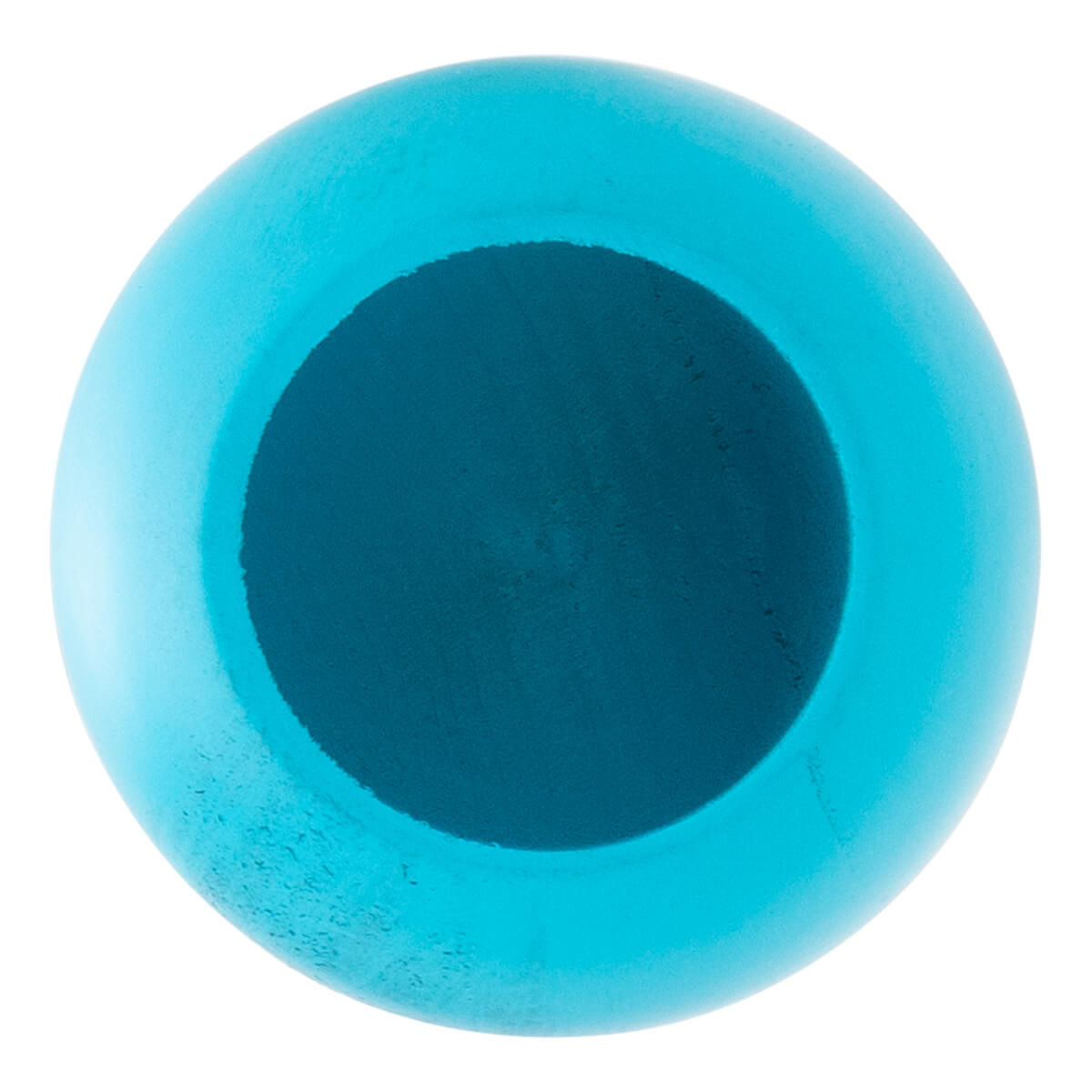 Top-down view of a light blue baseball bats cupped end with a dark blue interior.
