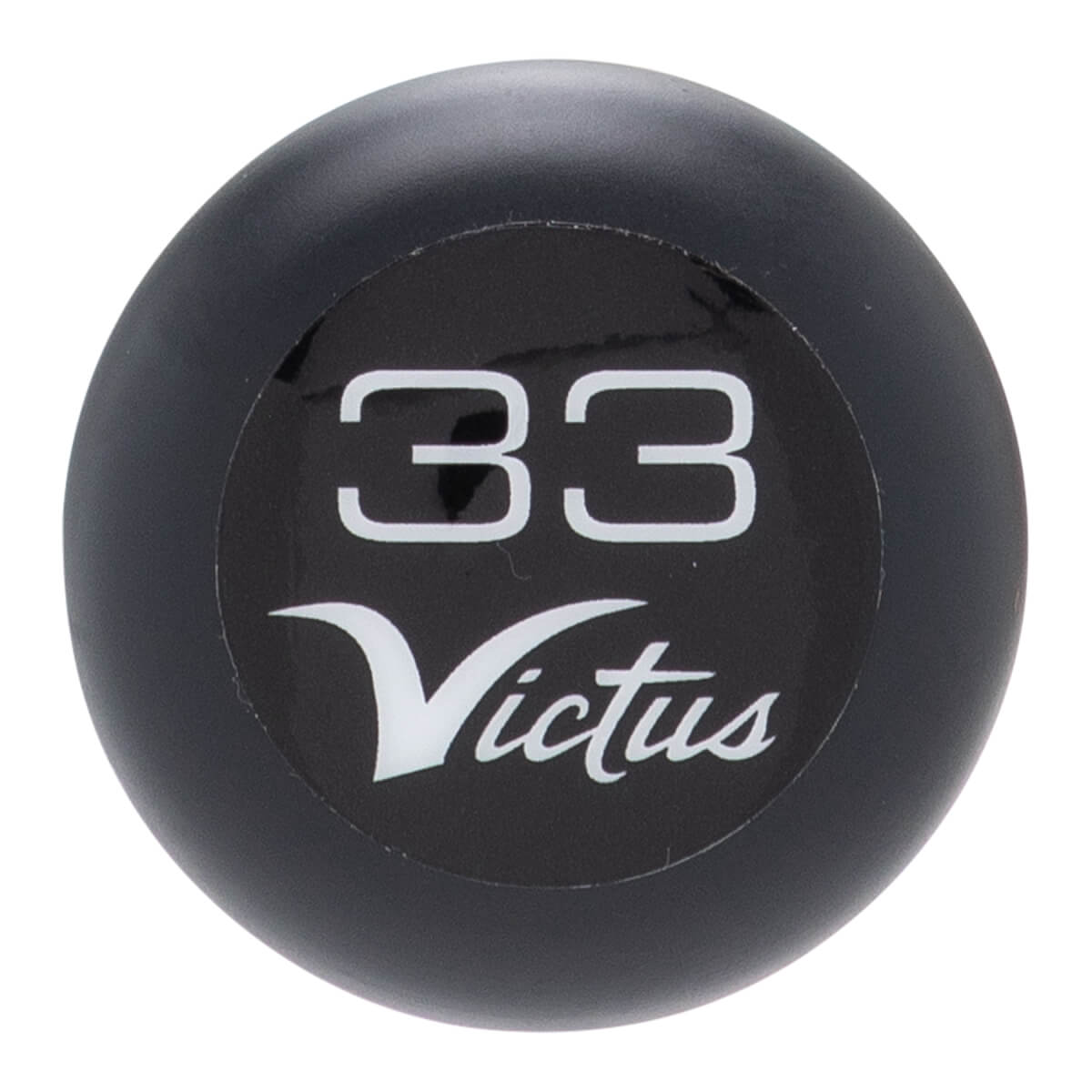 Top-down close-up of a black baseball bat knob with white 33 and Victus logo.