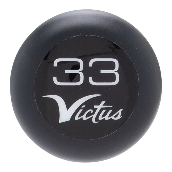 Top-down close-up of a black baseball bat knob with white 33 and Victus logo.