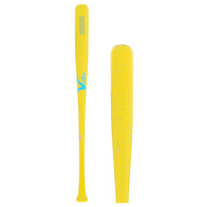 Full view and close-up of a yellow baseball bat with blue Victus logo, JROD SHOW text, and blue speckles.