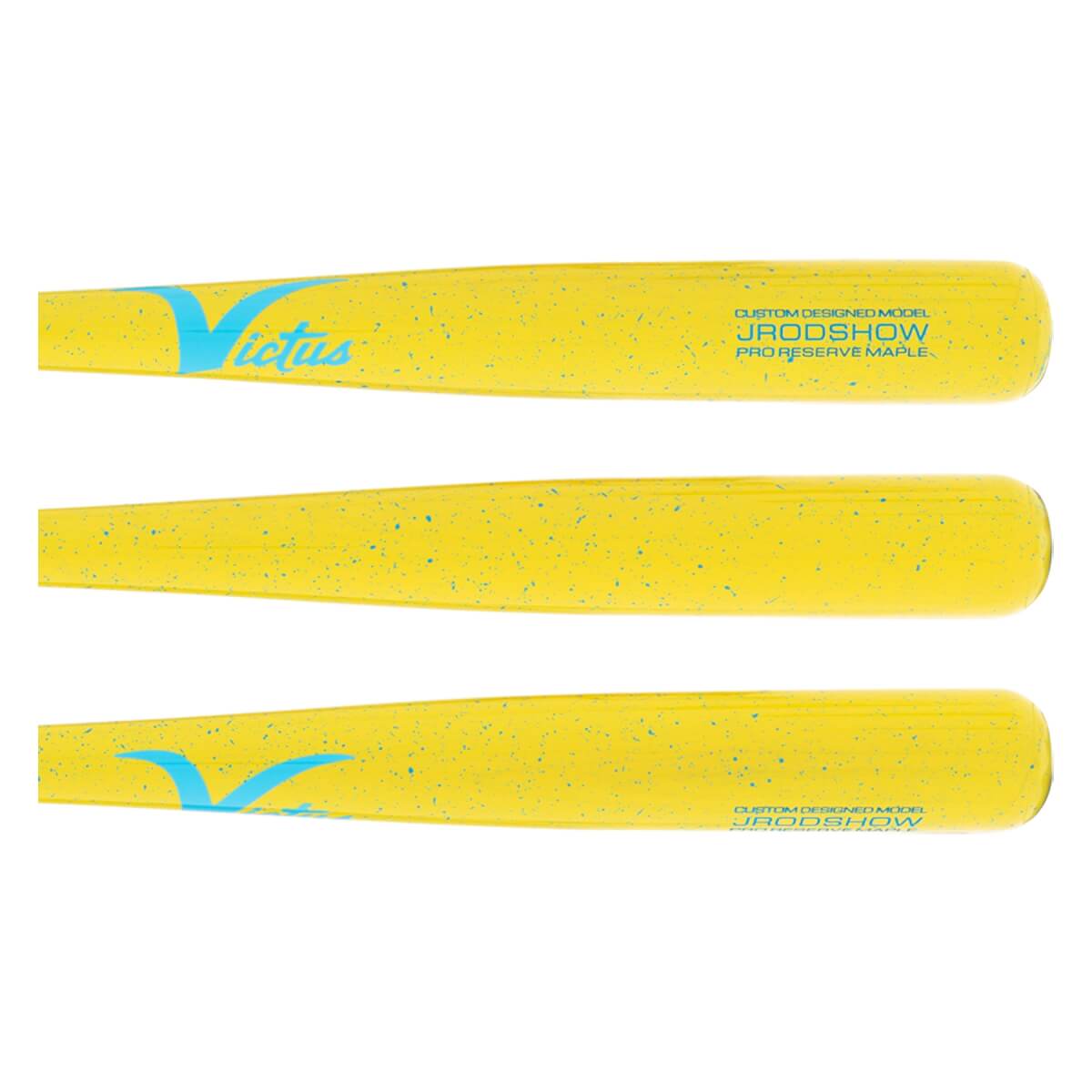 Full-length side view of a yellow baseball bat with light blue Victus logo, JRODSHOW text, and splatter design.