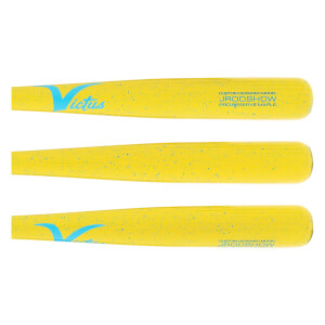 Full-length side view of a yellow baseball bat with light blue Victus logo, JRODSHOW text, and splatter design.