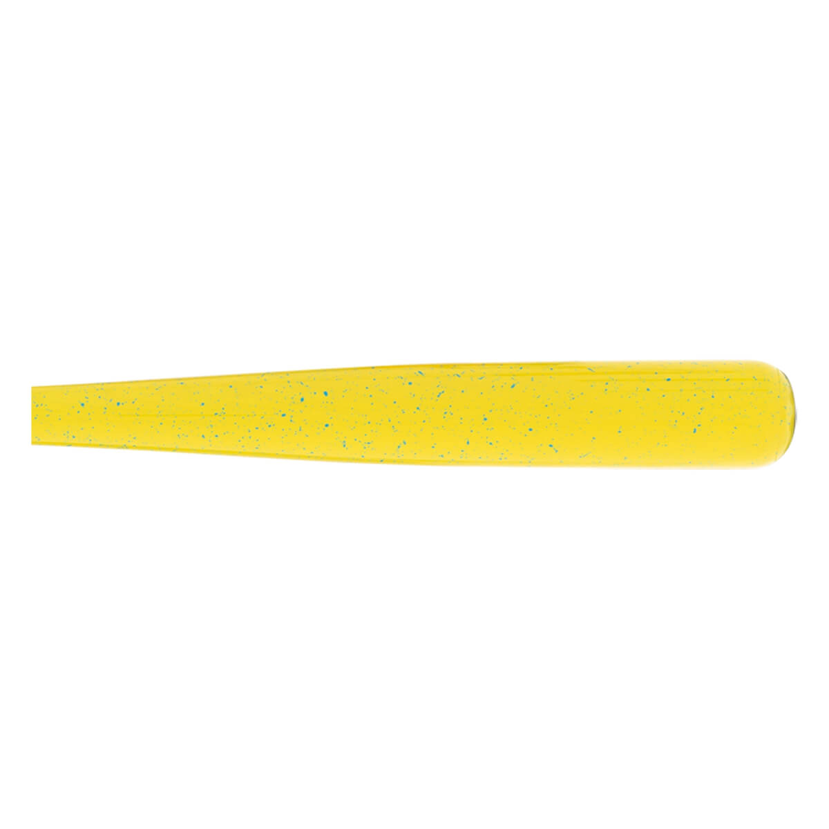 Side view of a yellow soft plastic lure with blue speckles and a tapered body with a rounded end.