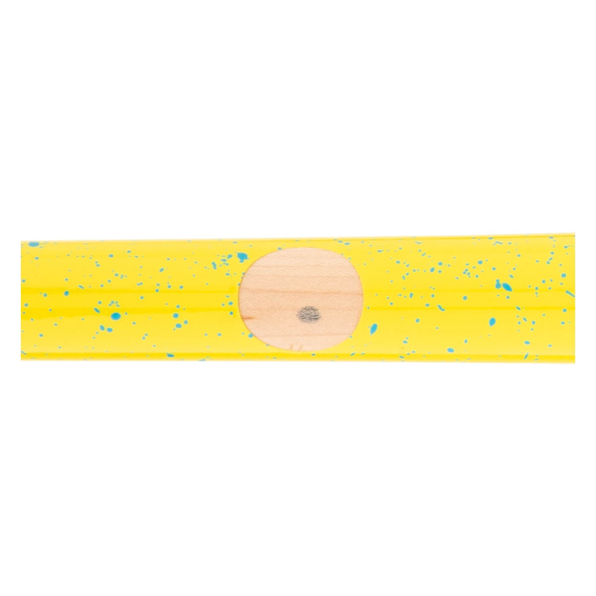 Close-up of a yellow baseball bat with blue speckles and a circular wood grain ink dot.