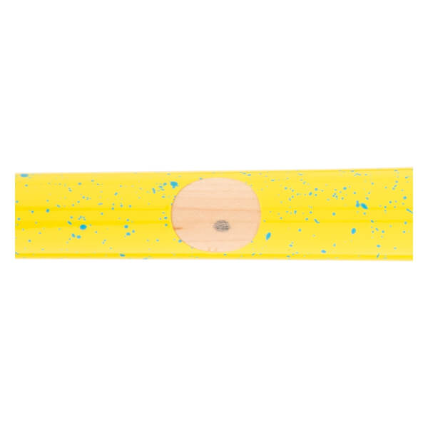 Close-up of a yellow baseball bat with blue speckles and a circular wood grain ink dot.