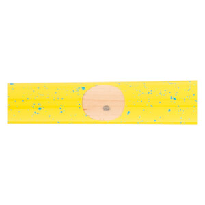 Close-up of a yellow baseball bat with blue speckles and a circular wood grain ink dot.