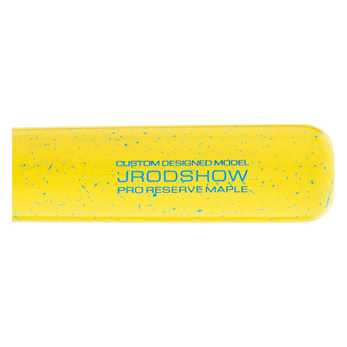 Close-up side view of a yellow baseball bat with blue speckles and CUSTOM DESIGNED MODEL JRODSHOW PRO RESERVE MAPLE text.