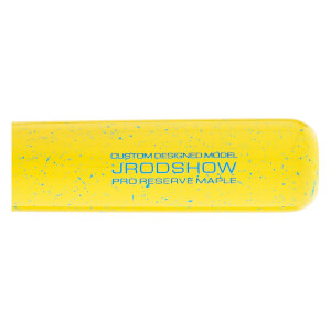 Close-up side view of a yellow baseball bat with blue speckles and CUSTOM DESIGNED MODEL JRODSHOW PRO RESERVE MAPLE text.