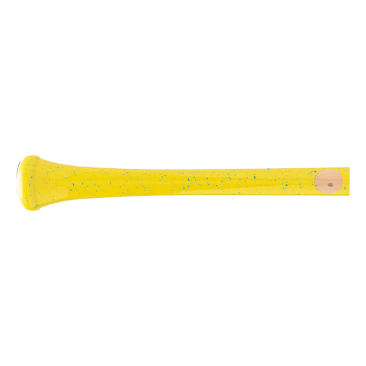 Side view of a yellow baseball bat with blue speckles, a flared knob, and a natural wood barrel end.