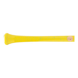 Side view of a yellow baseball bat with blue speckles, a flared knob, and a natural wood barrel end.
