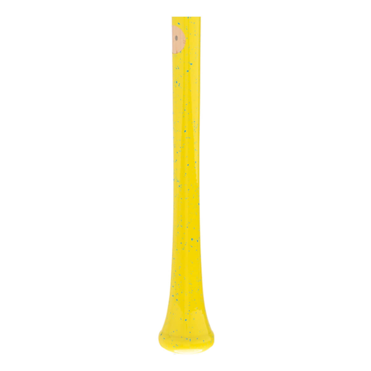 Full view of a yellow baseball bat with blue speckles, a flared knob, and a light wood grain detail at the barrel end.