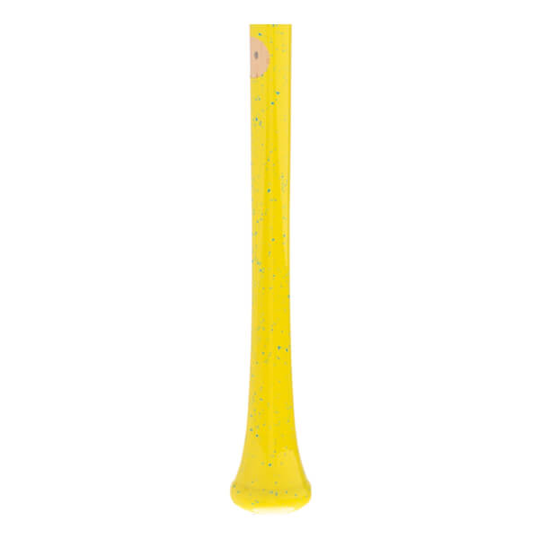 Full view of a yellow baseball bat with blue speckles, a flared knob, and a light wood grain detail at the barrel end.