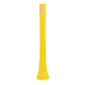 Full view of a yellow baseball bat with blue speckles, a flared knob, and a light wood grain detail at the barrel end.