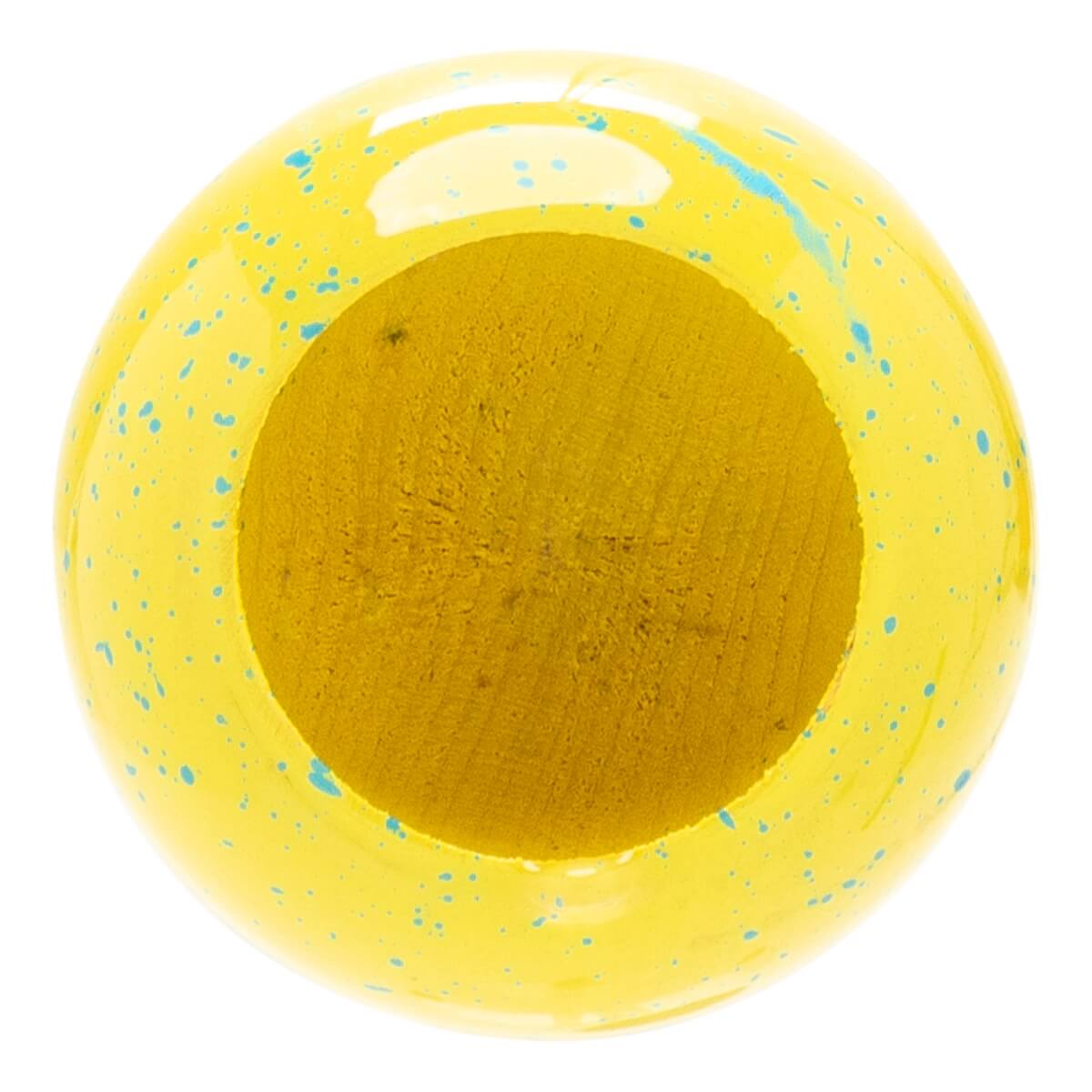 Top-down view of a yellow baseball bat with blue speckles and visible wood grain inside its barrel.