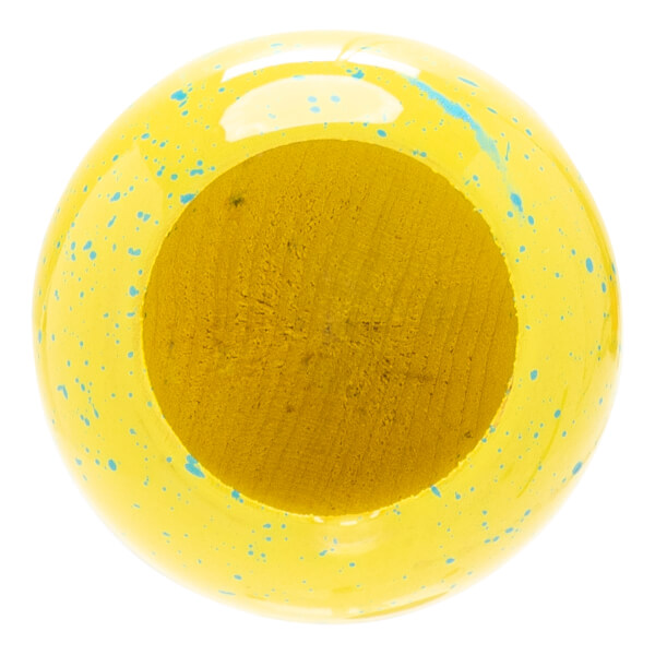 Top-down view of a yellow baseball bat with blue speckles and visible wood grain inside its barrel.